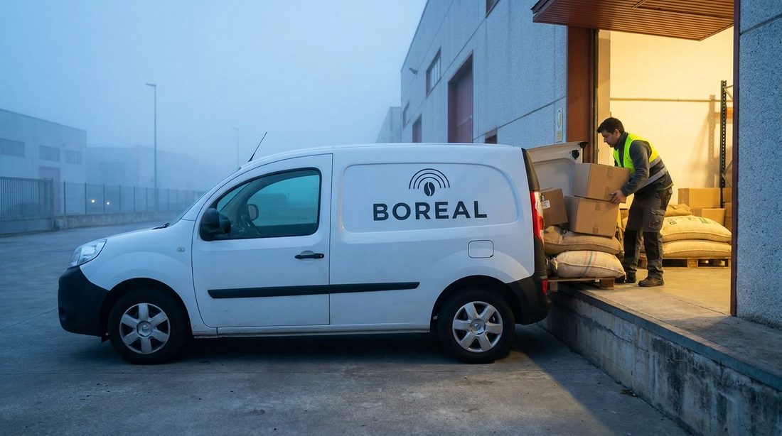 Furgoneta de reparto de Boreal cargando en el muelle al amanecer
